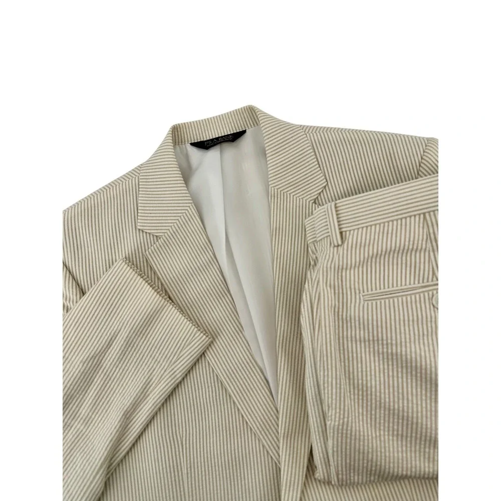 Jos. A. Bank Stays Cool Mens Suit 41L 35W Tan Seersucker Cotton Tailored Fit